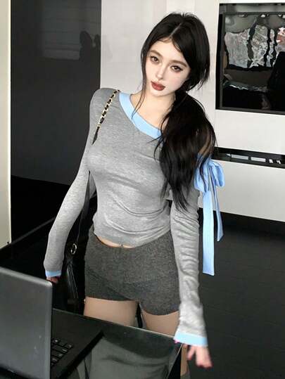 韩版复古蝴蝶结撞色露肩长袖T恤，优雅女士内搭上衣，春夏款