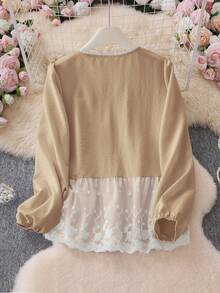 女士优雅通勤可爱甜美蝴蝶结圆领七分袖高腰上衣，刺绣蕾丝拼接衬衫，春夏款 - 摩卡棕 - 查看 3