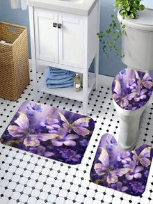 Bộ 1/4 - Bộ rèm tắm hình bướm tím, rèm tắm chống thấm nước họa tiết hoa bướm vàng lá phong cách trang trại hiện đại, kèm 12 móc treo, thảm chống trượt phòng tắm, thảm chữ U cho bồn cầu, tấm phủ nắp bồn cầu, quà tặng gia đình. - A - Xem 7