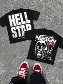 Hell Star Paradise Skull Flame Distressed Oversized Graphic Tee Men's Short Sleeve Pure Cotton T-Shirt Loose Fit, Y2K Streetwear Vintage Casual Punk Gothic Aesthetic Baggy 100% Cotton Pullover Gift - Black - View 4