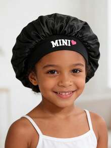 1 chiếc mũ ngủ trẻ em bằng satin in hình trái tim "MINI", có chun co giãn, thích hợp để giữ ấm tóc qua đêm hoặc sử dụng hàng ngày. - 1PC - Xem 2