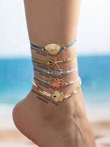 1pc Summer Ocean Beach Anklet For Women - Starfish, Sand Dollar, Sea Turtle Pendant Anklet Set - Beach Vacation Style Jewelry - Multicolor - View 7