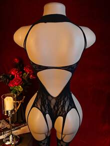 1件性感黑色提花吊带露裆连体紧身衣内衣 - 黑色 - 查看 2