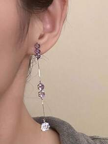 1 par de pendientes de borla de vidrio púrpura largos, elegantes y lujosos, adecuados para banquetes y uso vacacional - Morado - Ver 5