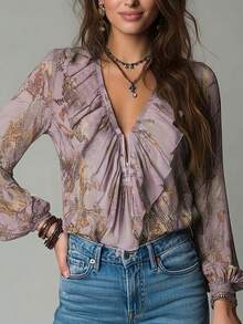 Vintage French Vacation Style Elegant Chiffon Allover Print Deep V-Neck Zipper Ruffle Sleeve Women Blouse Summer - Light Purple - View 2