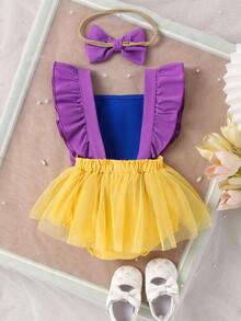 1pc Toddler Girls' Lovely Multi-Color Cap Sleeve Bow Tulle Princess Dress, Summer Holiday - Purple - View 2