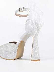 Women's High Heel Sandals, Platform, Pointed Toe, Bow Decor, Strap, Satin, White Closed Toe, Comfortable & Breathable, Suitable For Daily Wear & Dates - Silver - View 9