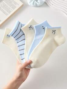 5 Pairs Women's Casual Short Socks, Heart & Butterfly Striped Pattern, Mesh Boat Socks, Fashion Versatile, Minimalist Comfortable, Soft Breathable, Suitable For Spring, Summer, Autumn, Random Colors - Multicolor - View 6