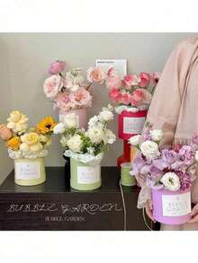 1 pieza Caja redonda con empaque de flor, Caja de papel de lujo con tapa para el Día de San Valentín, Caja de regalo, Accesorios de almacenamiento y decoración DIY para bodas, Día de San Valentín, cumpleaños, Día de la Madre, Navidad, Halloween - cubo de flores - Ver 8