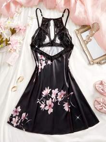 女士性感内衣套装，可调节肩带三角罩杯蕾丝边缎面睡裙，性感露背花卉图案系带舒适睡衣 - 黑色 - 查看 3