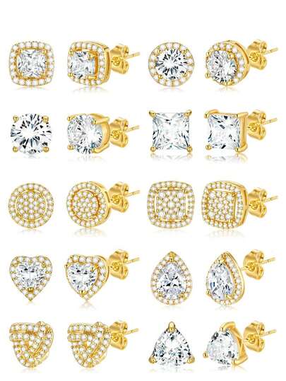 1/10 pares de elegantes pendientes de aro con halo de circonita cúbica AAAAA+ chapados en oro de 18K de acero inoxidable con formas variadas para mujeres, para bodas y uso diario