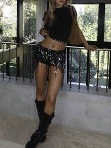 Women Y2K Glam Fringe Belly Wrap, Sequin Embellished Sheer Mesh Asymmetrical Tie Waist Skirt Cover Up For Club Party Night Out - 黑色 - 查看 10