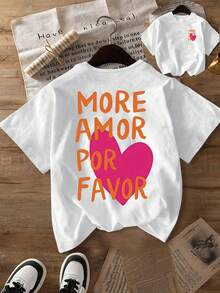 Camiseta de manga corta de cuello redondo con estampado de corazón morado y texto "MORE AMOR POR FAVOR" en naranja, de corte holgado y sin forro, adecuada para vacaciones, verano y primavera - Blanco - Ver 5
