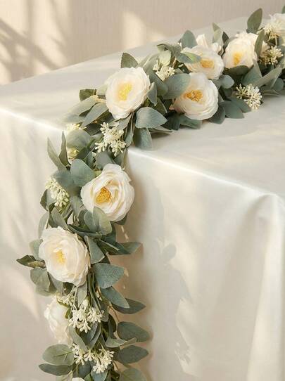 Cirelle 1pc Artificial Eucalyptus Flower Garland With Fake Rose Flower Vine Seeded Eucalyptus Leaves Greenery Garland For Wedding Table Runner Backdrop Party Centerpiece Room Decor