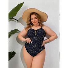 Traje de baño de una pieza talla grande - Traje de baño estampado con acentos dorados, control de abdomen, traje de baño modesto para mujeres - Ropa de playa con estilo - Multicolor 379 - Ver 5