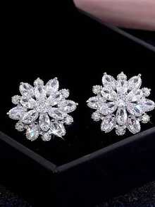 一对奢华的向日葵双层锆石女士耳钉，时尚女士铜质新娘耳环及配饰 - 銀色 - 查看 6
