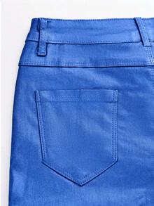 高腰纽扣斜插口袋PU皮弹力修身裤，休闲裤，适合音乐节、派对、秋冬假期穿着 - 珠光藍 - 查看 7