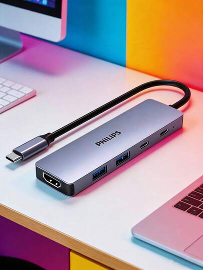 PHILIPS תחנת עגינה SWR1607L/93 מסוג Type-C ל-HDMI, הקרנת מסך 4K 60Hz, טעינת PD, אוניברסלי למחשבי אפל, טלפונים אנדרואיד וצגים חיצוניים