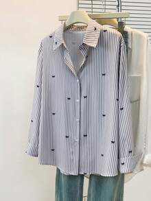 Women's Bow Tie Striped Print Long Sleeve Shirt, Button Front, Shirt Collar, Casual Top, Suitable For Spring, Autumn And Winter - Grey - View 3