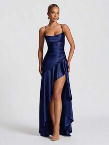 Women's Solid Color Sexy Tie-Up Ruffle Hem Slit Dress Wedding Spring Party - 橄欖綠 - 查看 1