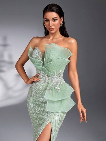 IBTRLY 奢华、优雅、迷人的珍珠亮片面料，手工打造的3D立体结构，缀以串珠，高开衩至大腿，适合派对、婚礼、鸡尾酒会、生日、舞会、返校节、单身派对、红毯、正式晚宴等场合。