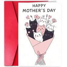 1 pieza Tarjeta del Día de la Madre, diseñada por hija o hijo para mamá, diseño de ramo de gatito lindo, tema del Día de la Madre, incluye flores frescas y bendiciones sinceras - Ver 1