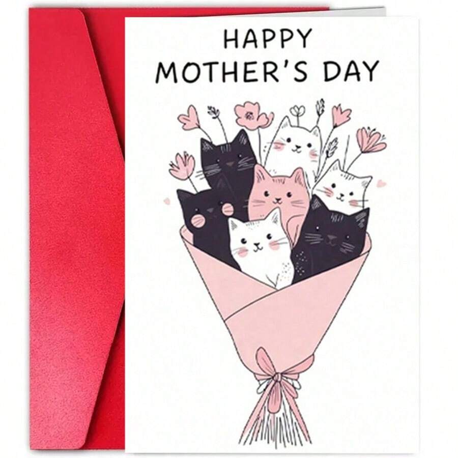 1 pieza Tarjeta del Día de la Madre, diseñada por hija o hijo para mamá, diseño de ramo de gatito lindo, tema del Día de la Madre, incluye flores frescas y bendiciones sinceras - Ver 1