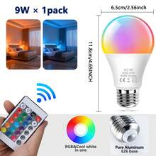 1 bóng đèn LED có thể điều chỉnh độ sáng, bóng đèn đổi màu A21 RGBW, 16 tùy chọn màu sắc, 4 chế độ chiếu sáng, công suất 9W (tương đương bóng đèn sợi đốt 60W), điện áp AC 110-130V, đế E26, kèm điều khiển từ xa, thích hợp cho trang trí nhà cửa, phòng ngủ, sân khấu, tiệc tùng. - nhiều màu - Xem 12