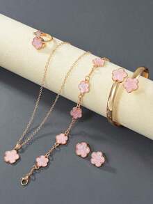 6pcs/Set Necklace, Bracelet, Earrings, Ring, Lucky Flower Necklace, Gold Earrings, Gold Ring, Gold Necklace, Gold Bracelet, Gold Bangle, Girl Jewelry Set, Suitable For Back To School, Party, Holiday - 粉色 - 查看 9