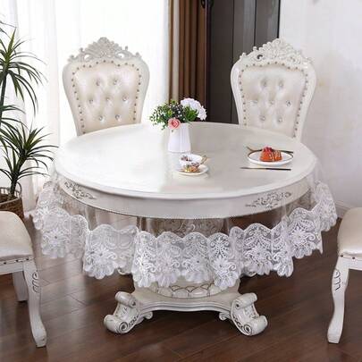 HXARTMIS 1pc Round Tablecloth With Polyester And PVC Blend Fabric, White Embroidered And Rhinestone Trimmed, Elegant Floral Design, Suitable For Outdoor, Dining, Coffee Table, Wedding, Party, Home, Mother's Day Decor, Dust Cover