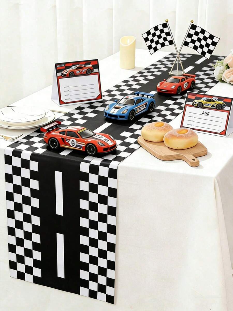 1pc Black & White Checkered Racing Pattern Tablecloth, Made Of Waterproof And Stain-Resistant PE Material. Suitable For Party And Dining Table Decor, Ideal For Racing/Motorcycle Themed Birthday Party, Kitchen Table Racing Event Decoration, Home Kitchen Table Center Decor, Birthday Decoration, And Racing Party Track Game Props. - Monochrome - View 1