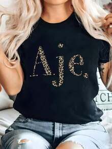 Women's Soft Solid Color Loose T-Shirt Leopard Print And Aje Letter Print Black And Gold Glitter Embossed Design Loose Round Neck Short Sleeve Summer Top Casual Outfit Perfect Gift For Women Aje Letter Style Geometric Pattern Machine Washable Comfortable-For-All-Seasons Fashionable-And-Versatile Can-Be-Worn-Alone-Or-Layered Women's T-Shirt, Clothes, Women Clothes, Women's Tops, Tops For Women, Tops, T Shirts, For Daily Casual Wear, For Summer Outdoor Wear, For Office Casual Wear, For Weekend Hangout, For Layered Styling, For Casual Gathering - 黑色 - 查看 6
