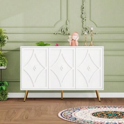 Sideboard Cabinet With 3 Doors, White With 3D Carved Pattern, Gold Metal Legs, Modern Storage Cabinet For Living Room, Hallway Or Bedroom, 120*40*80 Cm