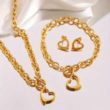 4 Piece Gold Stainless Steel Heart Pendant Jewelry Set Necklace Earrings For Men Women Everyday Wear Party Gift - 金的. - 查看 3