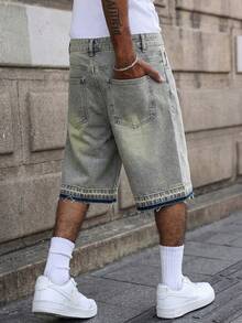 Mud Yellow Washed Straight-Leg Cropped Jeans, With Frayed Hem Design, Featuring Distressed And Faded Effect, Vintage Casual Shorts - 芥末黃 - 查看 4