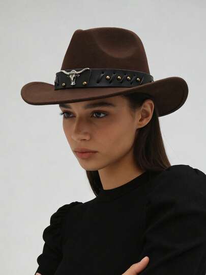 1 pieza Sombrero de vaquero estilo occidental de poliéster para hombres, sombrero de estilo retro unisex, decoración de vaca, adecuado para uso casual, fiesta de vaqueros occidentales, bar (talla única que se ajusta a la mayoría)