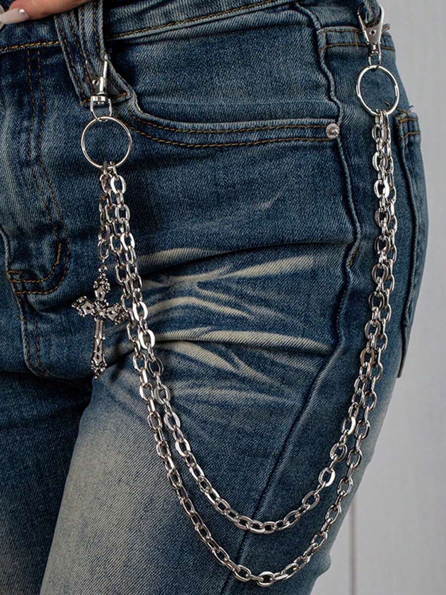 1pc Vintage Cross Double Layer Chain Waist Chain, Sweet & Cool Style Personalized Jeans Chain Accessory, Suitable For Daily Wear - Silver - View 1