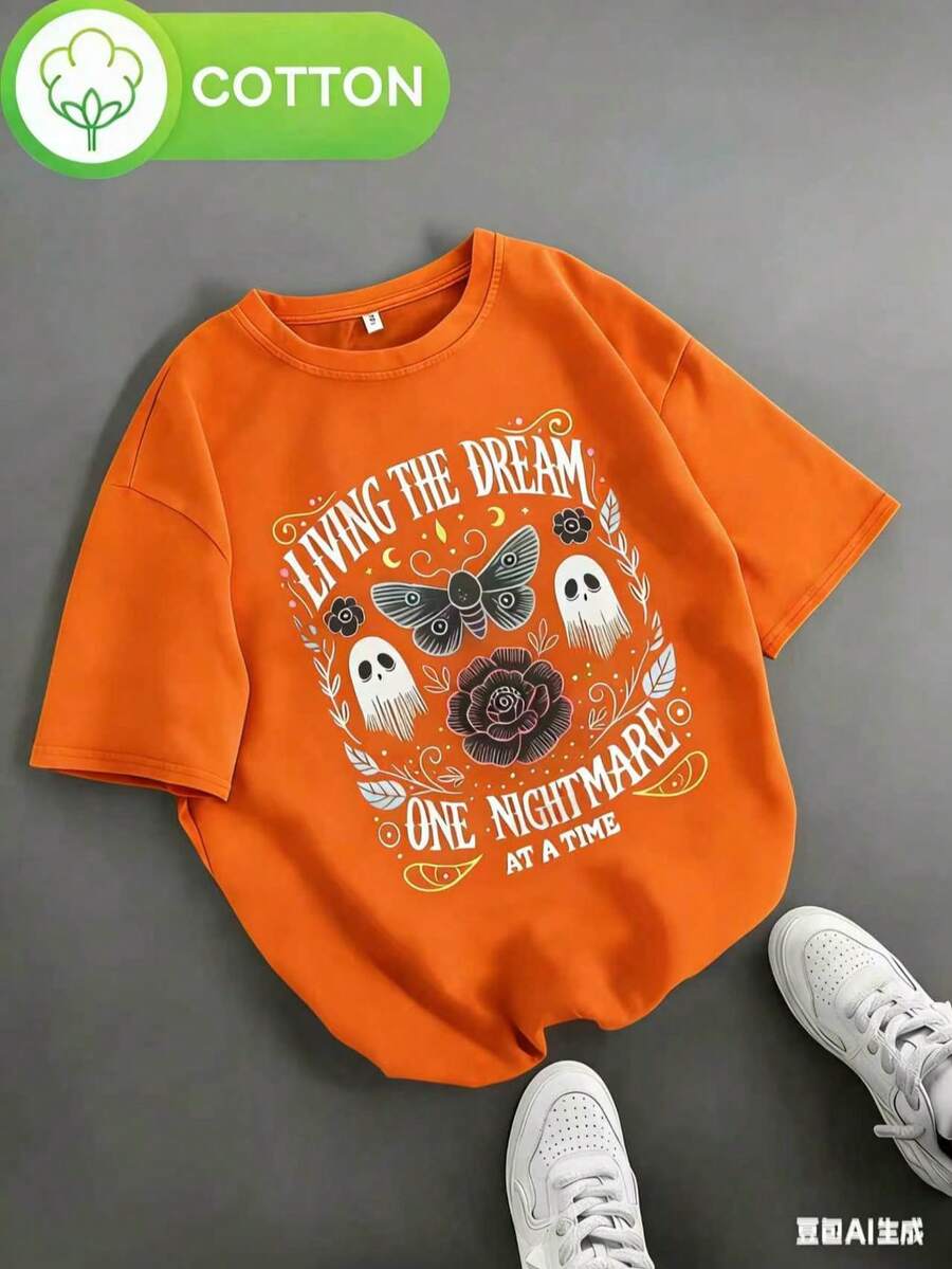 Women's Retro Gothic Halloween T-Shirt - Fantasy Ghost Pattern Short Sleeve Shirt - Black Retro Top With Ghosts, Roses, And Nightmare Quotes - Lightweight Summer Theme Party Casual Wear, Fun Aesthetics, Breathable Fabric, Unique Fashion, Alternative - Unisex Plus Size Top - 橘色 - 查看 1
