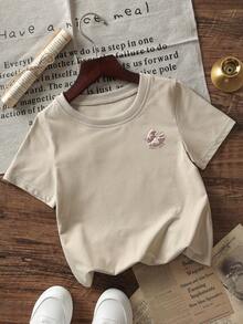 1件婴儿/幼儿男童创意卡通图案字母标语印花基本款圆领短袖T恤，休闲时尚 - 杏色 - 查看 4