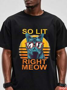 Men's Plus Size Crew Neck T-Shirt - Funny Cat Print With Glasses "So Lit Right Meow" - Black T-Shirt With Orange Text - 100% Thick And Breathable Cotton, Streetwear For Parties, Relaxing And Outfits - Machine Washable, Weekend Wear, Bold Print, Comfortable Fit, Short Sleeve, For Casual Wear, PLUS SIZE - 黑色 - 查看 5