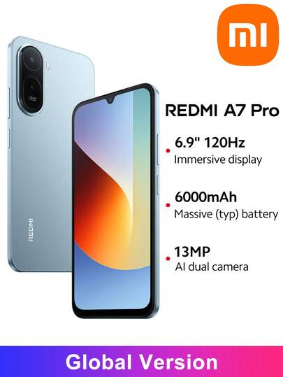 Xiaomi Redmi A7 Pro 智能手机全球版，小米 HyperIsland，沉浸式 6.9 英寸 120Hz 高刷新率显示屏，强劲八核处理器，6000mAh（典型值）大容量电池，Wet Touch Technology 2.0 技术，Google Gemini，时尚精致设计