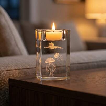 3D立体雕刻水母月亮水晶烛台，浪漫烛光杯，复活节/情人节/圣诞节礼物，家居客厅桌面装饰，海洋主题疗愈烛台