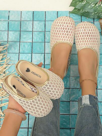 1 Pair Girls' Woven Hollow Mesh Embroidered Flat Ballet Shoes, Featuring Elastic Shoelaces Design, Breathable & Soft, Comfortable To Wear. Breathable Soft-Soled Ballet Loafers, Suitable For Girls Aged 2-15, Elementary And Middle School Students, All-Season, Suitable For Indoor/Outdoor Activities, Vacation, Beach, Holiday Gift.