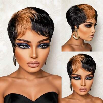 Ombre Gold Synthetic Short Bobbed Wig, Straight Short Hair With Bangs, Suitable For