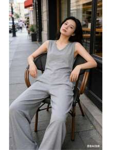 Long Jumpsuit With Bag. - Light Grey - View 3
