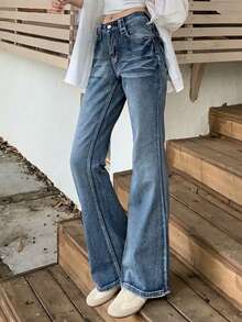 YEAE | 貓鬍鬚水洗漸褪色修身喇叭牛仔褲 女款美式復古休閒低腰長褲 秋季新款 - 深色水洗藍 - 查看 6