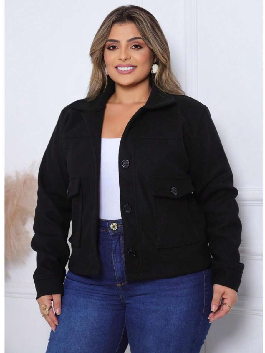 Women's Casual Jacket, Wool-Type Fabric, Pockets, Buttons On The Front, Suitable For Everyday Cold Weather. - Black - View 1