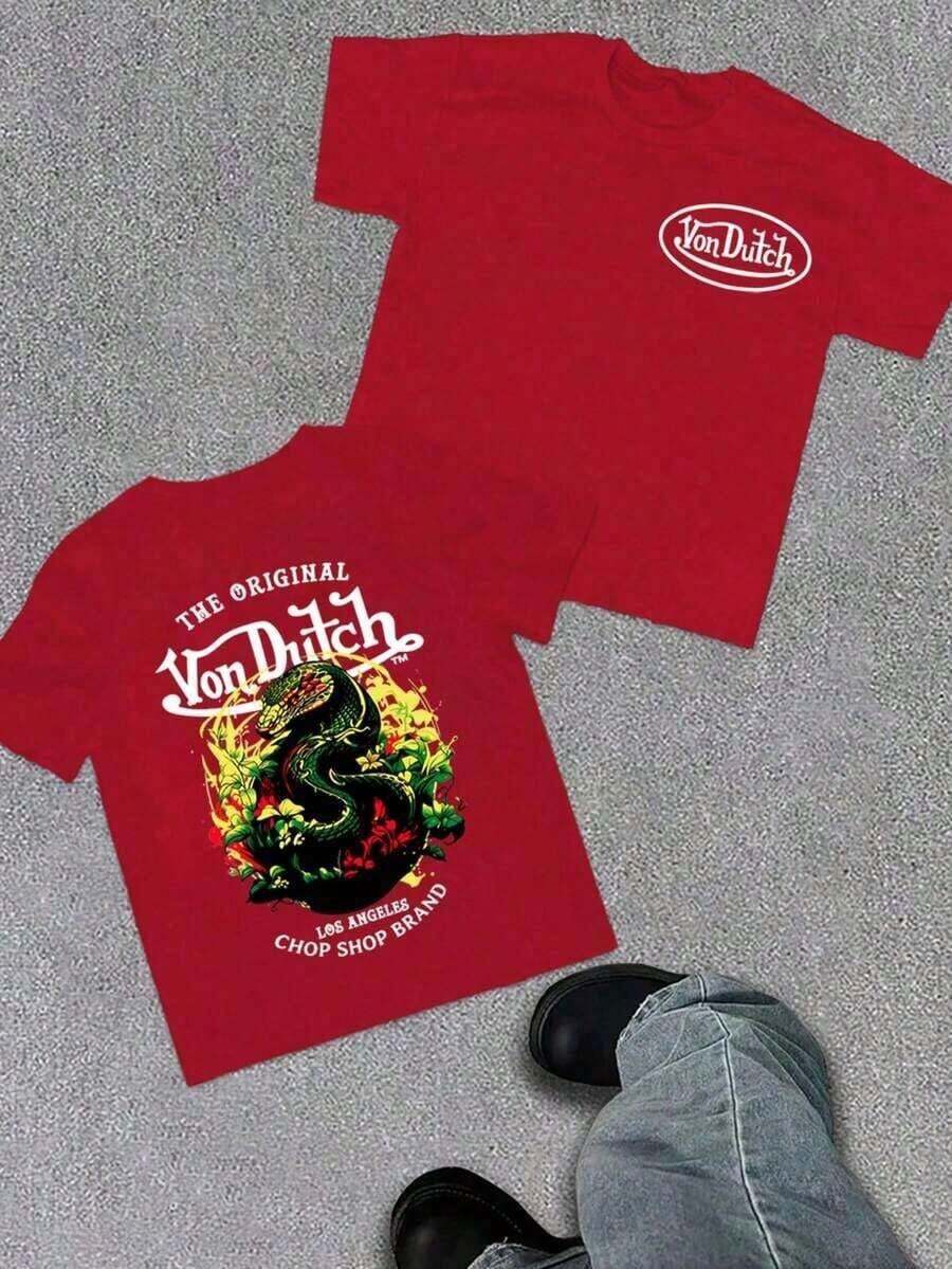 Women Men Double Side Print Von Ditch Dragon Floral Design Red And Green Print Fabric Soft & Skin-Friendly Unisex Style Gifts For Spring Festival, Valentine's Day, St. Patrick's Day & World Cup-Van Dutch Dragon Print Women T Shirt Classic Americana Style Graphic, Vacation Outfits Women,Summer Outfits For Women,Spring Outfits For Women,Summer Tops, Easter Outfit Women - 紅色 - 查看 1