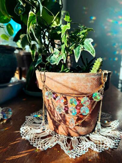 1pc Crystal Plant Pot Decor With Catch Light Chain - Artistic Decorative Glass Teardrop Pendant, Colorful Outdoor Garden Decor, Thanksgiving Gift For Friends, Home Decor
