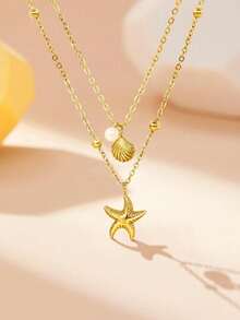 2pcs/Set Women's Shell Necklace, 14K Gold Plated Adjustable Layered Starfish & Shell Faux Pearl Pendant Necklace, Suitable For Summer Beach, Daily Wear, Birthday Gift, Friendship Gift - Vàng - Xem 2